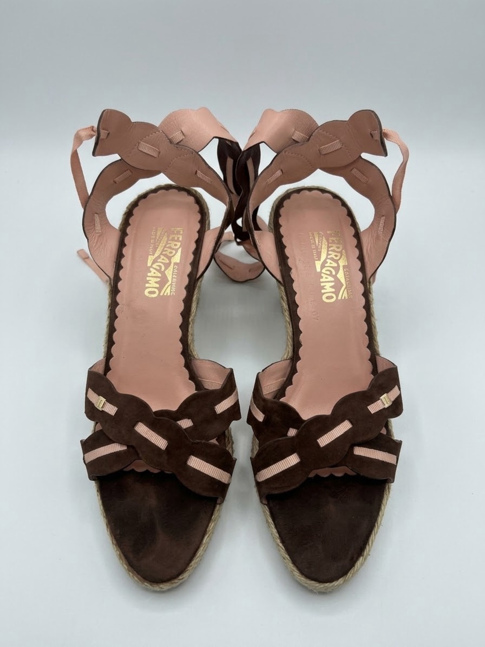SALVATORE FERRAGAMO Brown Suede Scalloped Lace-Up Espadrille Wedge Sandals 9.5 B